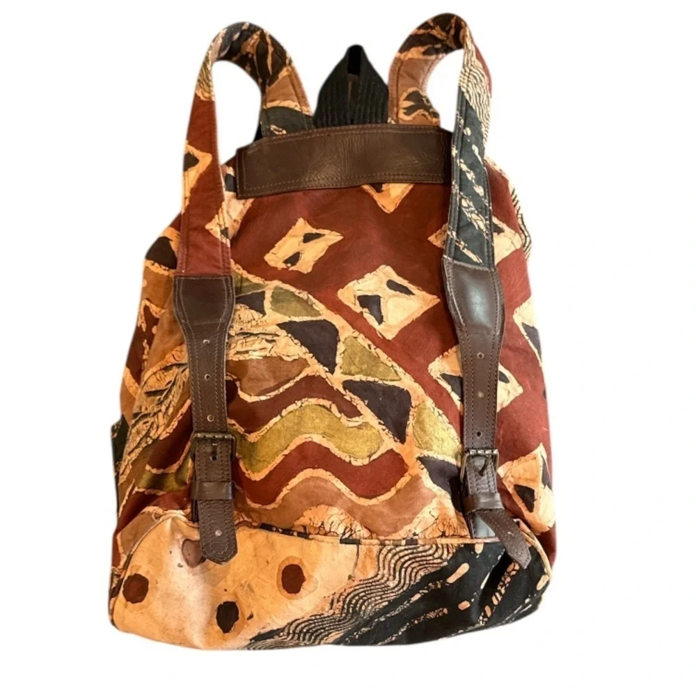 The Trading Company Brown Batik Print Cloth & Leather Backpack NWOT
